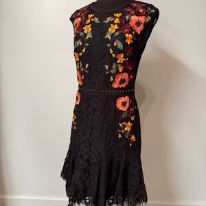 Karen Millen Black Dress with Vibrant Floral Embroidery